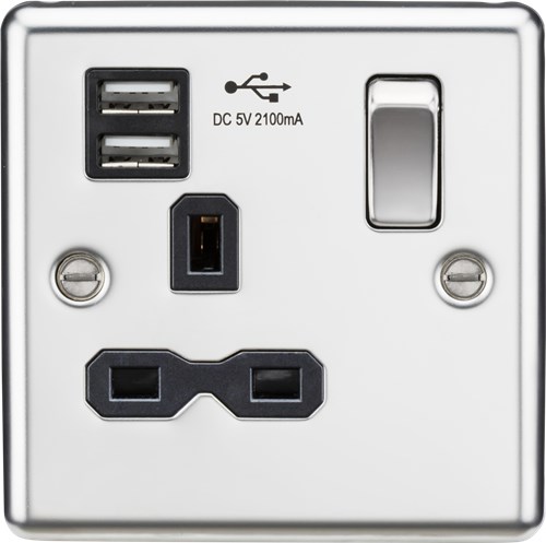 Knightsbridge 13A 1G Switched Socket Dual USB Charger Slots with Black Insert – Rounded Edge Polished Chrome CL91PC - West Midland Electrics | CCTV & Electrical Wholesaler