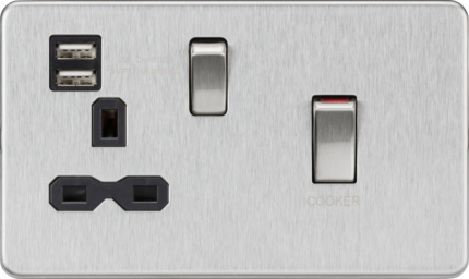 Knightsbridge 45A DP Switch and 13A switched socket with dual USB charger – brushed chrome with black insert SFR83UMBC - West Midland Electrics | CCTV & Electrical Wholesaler