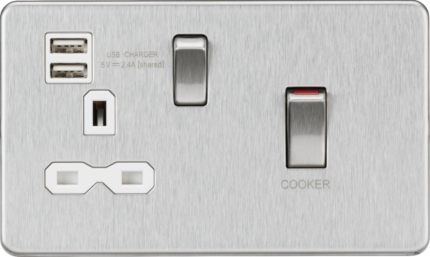 Knightsbridge 45A DP Switch and 13A switched socket with dual USB charger – brushed chrome with white insert SFR83UMBCW - West Midland Electrics | CCTV & Electrical Wholesaler