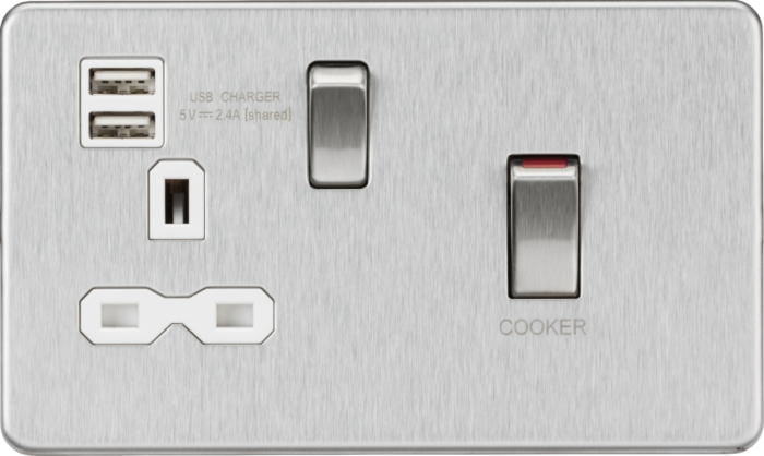 Knightsbridge 45A DP Switch and 13A switched socket with dual USB charger – brushed chrome with white insert SFR83UMBCW - West Midland Electrics | CCTV & Electrical Wholesaler 3