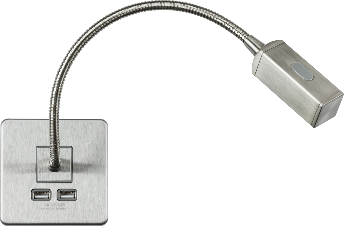 Knightsbridge Screwless Reading Light with Dual USB Charger – Brushed Chrome SFRLBC - West Midland Electrics | CCTV & Electrical Wholesaler