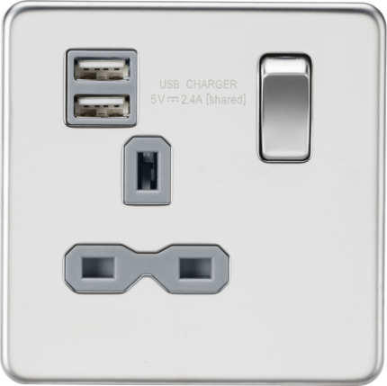 Knightsbridge 13A 1G SP Switched Socket with Dual USB A+A (5V DC 2.4A shared) – Polished Chrome with Grey Insert - West Midland Electrics | CCTV & Electrical Wholesaler 5