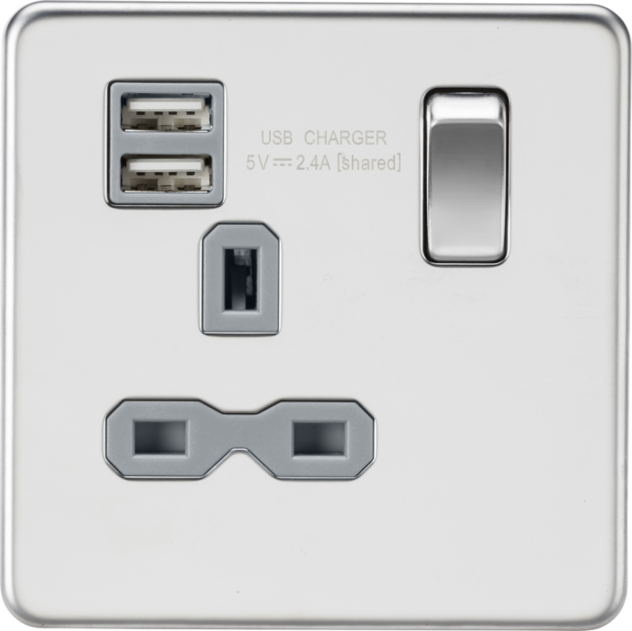 Knightsbridge 13A 1G SP Switched Socket with Dual USB A+A (5V DC 2.4A shared) – Polished Chrome with Grey Insert - West Midland Electrics | CCTV & Electrical Wholesaler 3