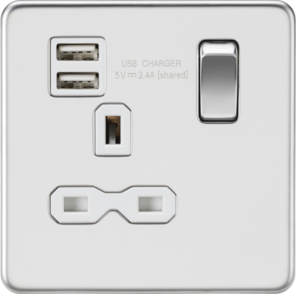 Knightsbridge Screwless 13A 1G switched socket with dual USB charger (2.4A) – polished chrome with white insert SFR9124PCW - West Midland Electrics | CCTV & Electrical Wholesaler 5