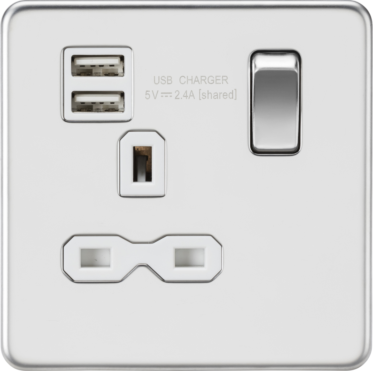 Knightsbridge Screwless 13A 1G switched socket with dual USB charger (2.4A) – polished chrome with white insert SFR9124PCW - West Midland Electrics | CCTV & Electrical Wholesaler