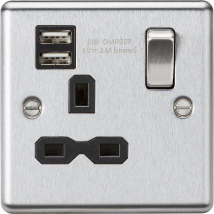 Knightsbridge 13A 1G Switched Socket Dual USB Charger Slots with Black Insert – Rounded Edge Brushed Chrome CL9124BC - West Midland Electrics | CCTV & Electrical Wholesaler