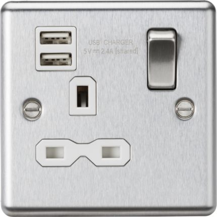 Knightsbridge 13A 1G Switched Socket Dual USB Charger Slots with White Insert – Rounded Edge Brushed Chrome CL9124BCW - West Midland Electrics | CCTV & Electrical Wholesaler 5