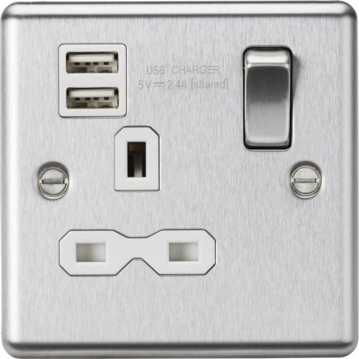 Knightsbridge 13A 1G Switched Socket Dual USB Charger Slots with White Insert – Rounded Edge Brushed Chrome CL9124BCW - West Midland Electrics | CCTV & Electrical Wholesaler 3