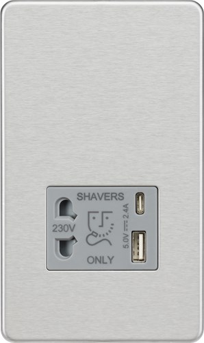 Knightsbridge Shaver socket with dual USB A+C (5V DC 2.4A shared) – brushed chrome with grey insert SF8909BCG - West Midland Electrics | CCTV & Electrical Wholesaler