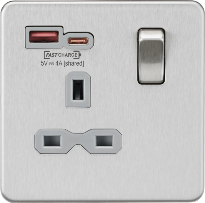 Knightsbridge 13A 1G Switched Socket with dual USB [FASTCHARGE] A+C – Brushed Chrome with grey insert SFR9919BCG - West Midland Electrics | CCTV & Electrical Wholesaler 3