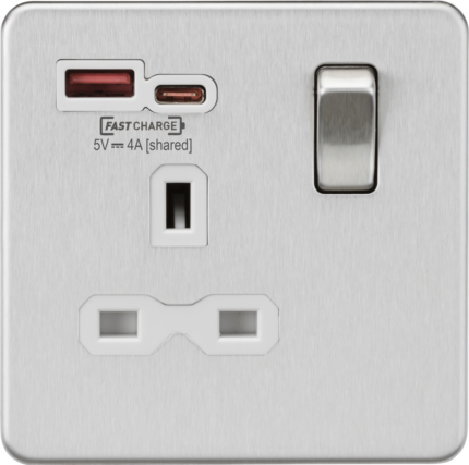 Knightsbridge 13A 1G Switched Socket with dual USB [FASTCHARGE] A+C – Brushed Chrome with white insert SFR9919BCW - West Midland Electrics | CCTV & Electrical Wholesaler