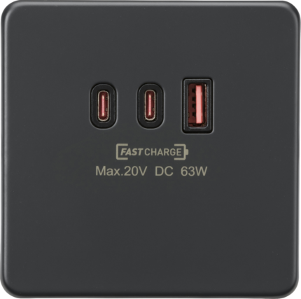 Knightsbridge 230V Triple USB Charger Plate 2xUSB-C 1xUSB-A [20V DC Max. 63W] – Anthracite - West Midland Electrics | CCTV & Electrical Wholesaler
