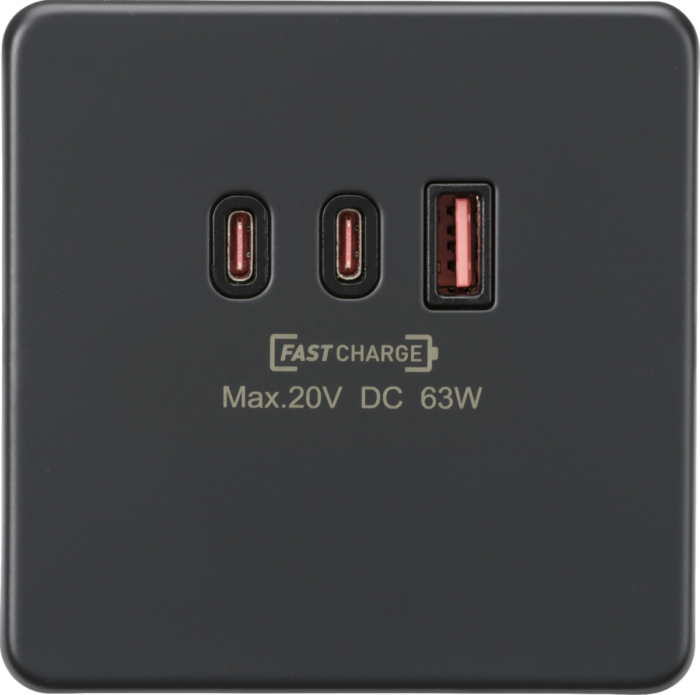 Knightsbridge 230V Triple USB Charger Plate 2xUSB-C 1xUSB-A [20V DC Max. 63W] – Anthracite - West Midland Electrics | CCTV & Electrical Wholesaler 3