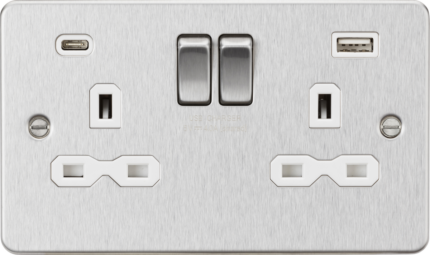 Knightsbridge 13A 2G SP Switched Socket with Dual USB A+C (5V DC 4.0A shared) FPR9940BCW – Brushed Chrome with White Insert - West Midland Electrics | CCTV & Electrical Wholesaler