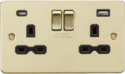 Knightsbridge 13A 2G SP Switched Socket with Dual USB A+C (5V DC 4.0A shared) – Brushed Brass with black Insert - West Midland Electrics | CCTV & Electrical Wholesaler 5