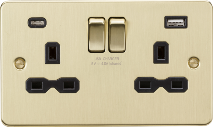 Knightsbridge 13A 2G SP Switched Socket with Dual USB A+C (5V DC 4.0A shared) – Brushed Brass with black Insert - West Midland Electrics | CCTV & Electrical Wholesaler 3