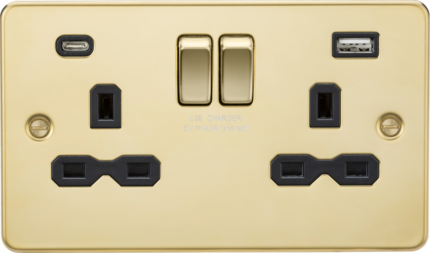 Knightsbridge 13A 2G SP Switched Socket with Dual USB A+C (5V DC 4.0A shared) –  Polished Brass with Black Insert - West Midland Electrics | CCTV & Electrical Wholesaler