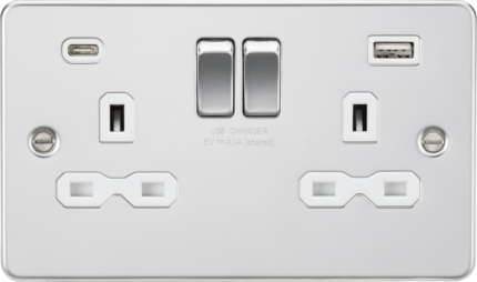 Knightsbridge 13A 2G SP Switched Socket with Dual USB A+C (5V DC 4.0A shared) FPR9940PCW – Polished Chrome with White Insert - West Midland Electrics | CCTV & Electrical Wholesaler