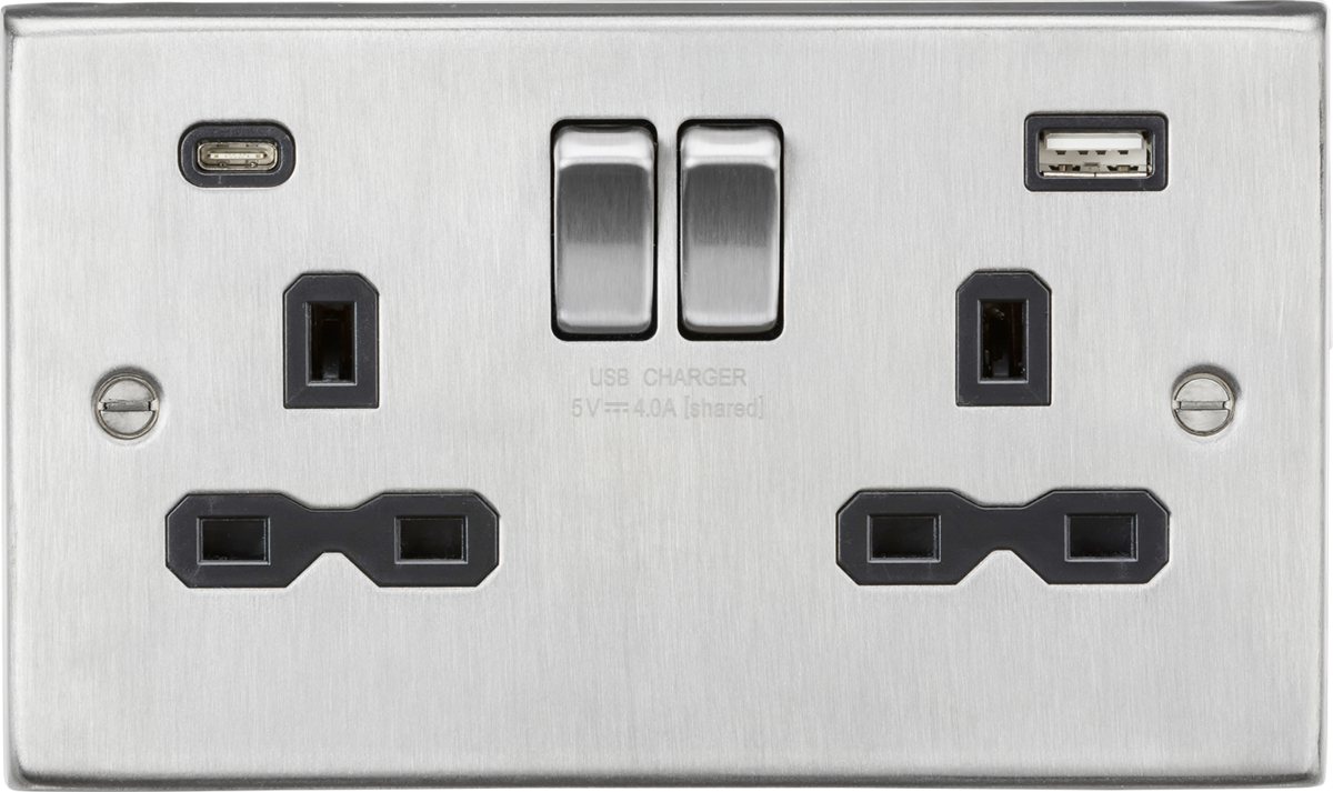 Knightsbridge 13A 2G SP Switched Socket with Dual USB A+C (5V DC 4.0A shared)  – Brushed Chrome with Black Insert - West Midland Electrics | CCTV & Electrical Wholesaler