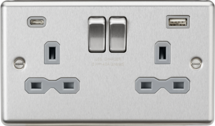 Knightsbridge 13A 2G SP Switched Socket with dual USB C+A 5V DC 4.0A [shared] – Brushed Chrome with grey insert - West Midland Electrics | CCTV & Electrical Wholesaler 5