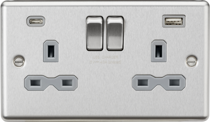Knightsbridge 13A 2G SP Switched Socket with dual USB C+A 5V DC 4.0A [shared] – Brushed Chrome with grey insert - West Midland Electrics | CCTV & Electrical Wholesaler 3