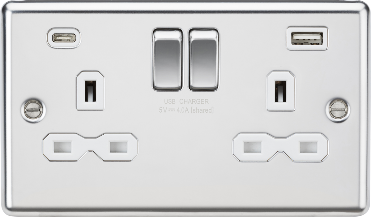 Knightsbridge 13A 2G SP Switched Socket with dual USB C+A 5V DC 4.0A [shared] – Polished Chrome with white insert - West Midland Electrics | CCTV & Electrical Wholesaler