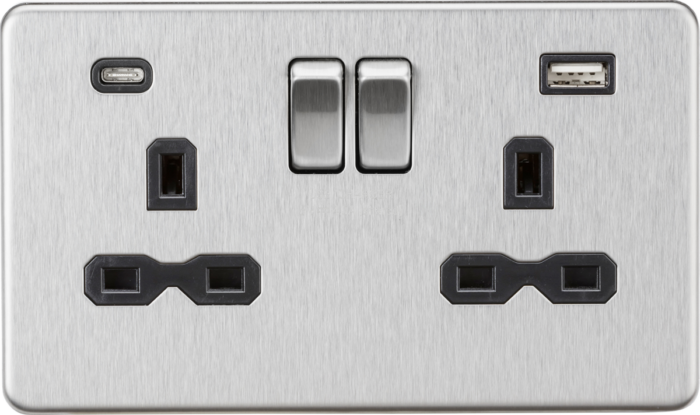 Knightsbridge 13A 2G SP Switched Socket with Dual USB A+C (5V DC 4.0A shared) – Brushed Chrome with Black Insert - West Midland Electrics | CCTV & Electrical Wholesaler 3
