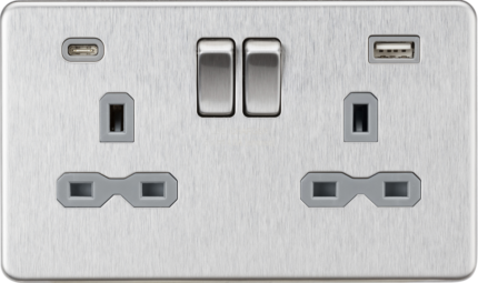 Knightsbridge 13A 2G SP Switched Socket with Dual USB A+C (5V DC 4.0A shared) – Brushed Chrome with Grey Insert - West Midland Electrics | CCTV & Electrical Wholesaler 5