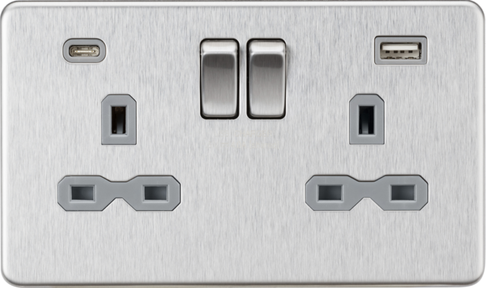 Knightsbridge 13A 2G SP Switched Socket with Dual USB A+C (5V DC 4.0A shared) – Brushed Chrome with Grey Insert - West Midland Electrics | CCTV & Electrical Wholesaler 3