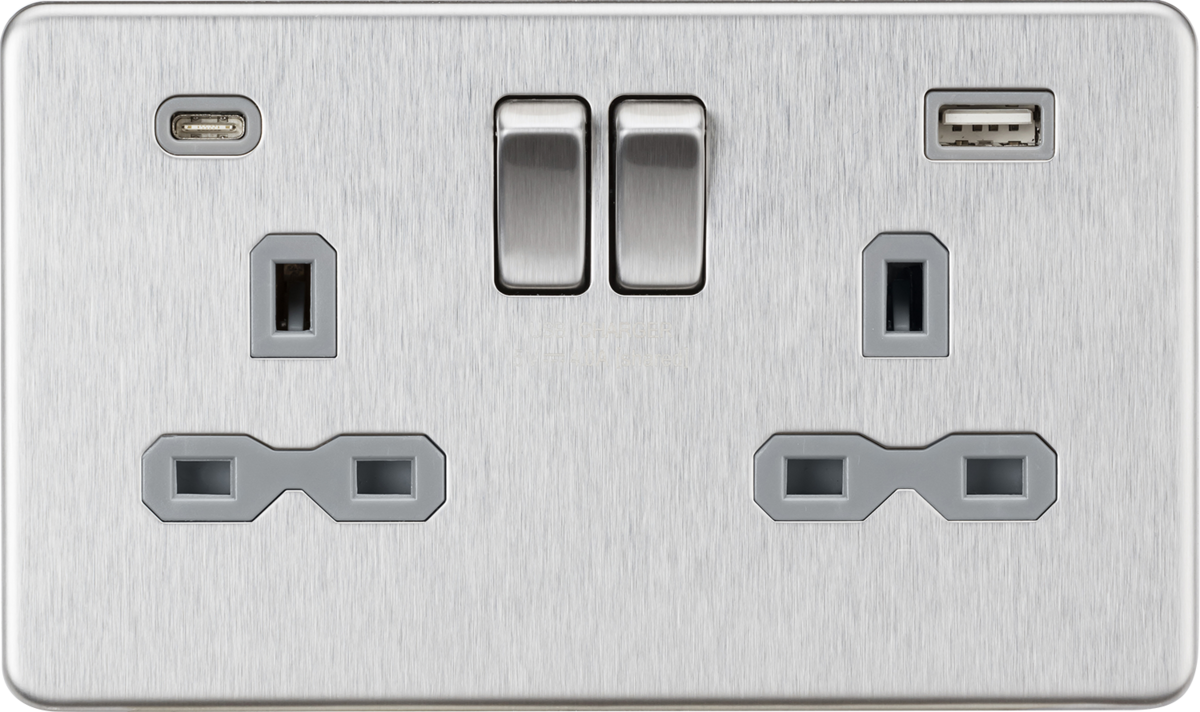 Knightsbridge 13A 2G SP Switched Socket with Dual USB A+C (5V DC 4.0A shared) – Brushed Chrome with Grey Insert - West Midland Electrics | CCTV & Electrical Wholesaler