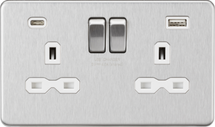 Knightsbridge 13A 2G SP Switched Socket with Dual USB A+C (5V DC 4.0A shared) – Brushed Chrome with White Insert - West Midland Electrics | CCTV & Electrical Wholesaler 5