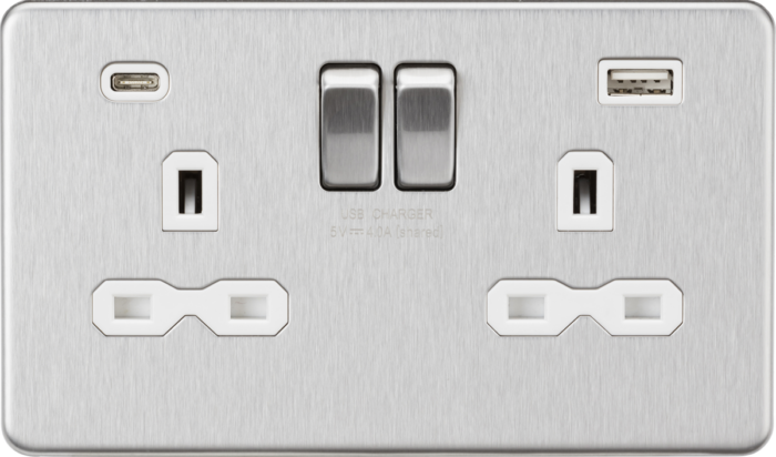 Knightsbridge 13A 2G SP Switched Socket with Dual USB A+C (5V DC 4.0A shared) – Brushed Chrome with White Insert - West Midland Electrics | CCTV & Electrical Wholesaler 3