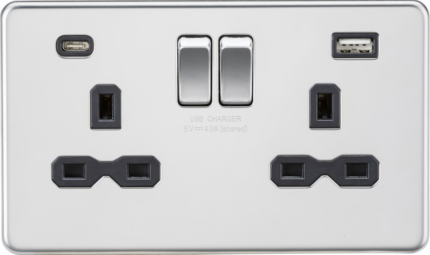 Knightsbridge 13A 2G SP Switched Socket with Dual USB A+C (5V DC 4.0A shared) SFR9940PC – Polished Chrome with Black Insert - West Midland Electrics | CCTV & Electrical Wholesaler