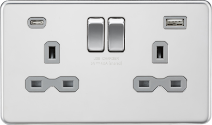 Knightsbridge 13A 2G SP Switched Socket with Dual USB A+C (5V DC 4.0A shared) – Polished Chrome with Grey Insert - West Midland Electrics | CCTV & Electrical Wholesaler 5
