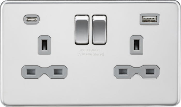 Knightsbridge 13A 2G SP Switched Socket with Dual USB A+C (5V DC 4.0A shared) – Polished Chrome with Grey Insert - West Midland Electrics | CCTV & Electrical Wholesaler 3
