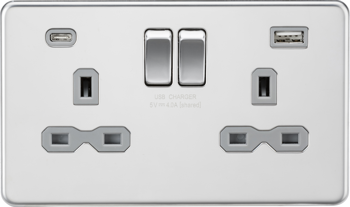 Knightsbridge 13A 2G SP Switched Socket with Dual USB A+C (5V DC 4.0A shared) – Polished Chrome with Grey Insert - West Midland Electrics | CCTV & Electrical Wholesaler