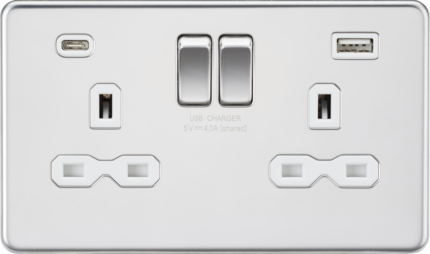 Knightsbridge 13A 2G SP Switched Socket with Dual USB A+C (5V DC 4.0A shared) – Polished Chrome with White Insert - West Midland Electrics | CCTV & Electrical Wholesaler 5