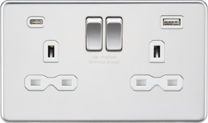 Knightsbridge 13A 2G SP Switched Socket with Dual USB A+C (5V DC 4.0A shared) – Polished Chrome with White Insert - West Midland Electrics | CCTV & Electrical Wholesaler 3