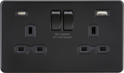 Knightsbridge 13A 2G SP Switched Socket with Dual USB A+C (5V DC 4.0A shared) – Matt Black with Black Insert - West Midland Electrics | CCTV & Electrical Wholesaler 5