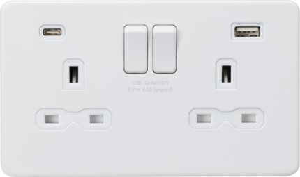 Knightsbridge 13A 2G SP Switched Socket with Dual USB A+C (5V DC 4.0A shared) – Matt White with White Insert - West Midland Electrics | CCTV & Electrical Wholesaler