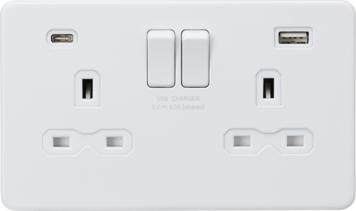 Knightsbridge 13A 2G SP Switched Socket with Dual USB A+C (5V DC 4.0A shared) – Matt White with White Insert - West Midland Electrics | CCTV & Electrical Wholesaler 3