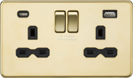 Knightsbridge 13A 2G SP Switched Socket with Dual USB A+C (5V DC 4.0A shared) – Polished Brass with Black Insert - West Midland Electrics | CCTV & Electrical Wholesaler