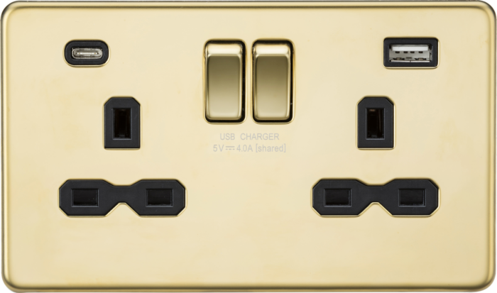 Knightsbridge 13A 2G SP Switched Socket with Dual USB A+C (5V DC 4.0A shared) – Polished Brass with Black Insert - West Midland Electrics | CCTV & Electrical Wholesaler 3