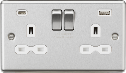 Knightsbridge 13A 2G SP Switched Socket with dual USB C+A 5V DC 4.0A [shared] – Brushed Chrome with white insert - West Midland Electrics | CCTV & Electrical Wholesaler 5