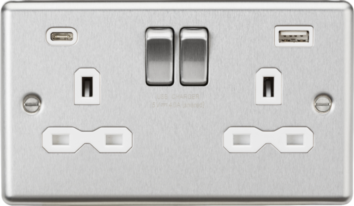 Knightsbridge 13A 2G SP Switched Socket with dual USB C+A 5V DC 4.0A [shared] – Brushed Chrome with white insert - West Midland Electrics | CCTV & Electrical Wholesaler 3