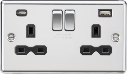 Knightsbridge 13A 2G SP Switched Socket with dual USB C+A 5V DC 4.0A [shared] – Polished Chrome with black insert - West Midland Electrics | CCTV & Electrical Wholesaler