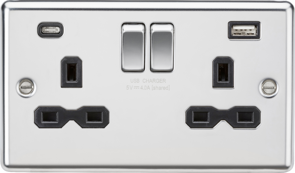 Knightsbridge 13A 2G SP Switched Socket with dual USB C+A 5V DC 4.0A [shared] – Polished Chrome with black insert - West Midland Electrics | CCTV & Electrical Wholesaler