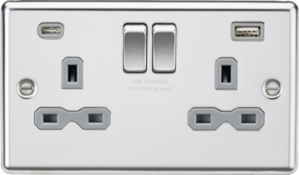 Knightsbridge 13A 2G SP Switched Socket with dual USB C+A 5V DC 4.0A [shared] – Polished Chrome with grey insert - West Midland Electrics | CCTV & Electrical Wholesaler