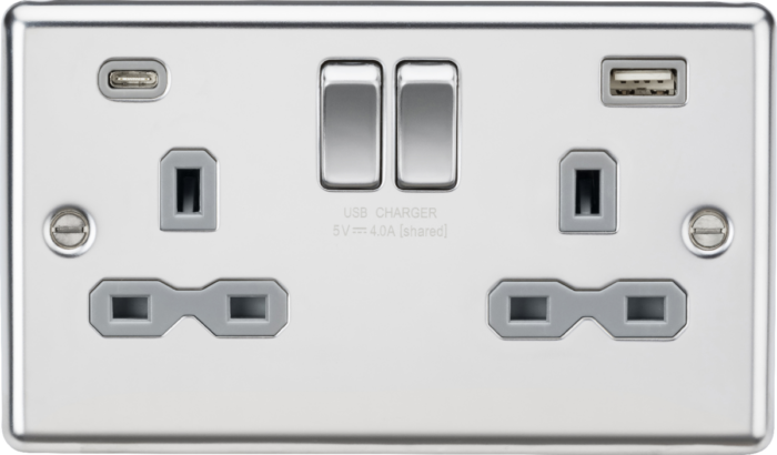 Knightsbridge 13A 2G SP Switched Socket with dual USB C+A 5V DC 4.0A [shared] – Polished Chrome with grey insert - West Midland Electrics | CCTV & Electrical Wholesaler 3