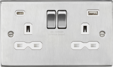 Knightsbridge 13A 2G SP Switched Socket with Dual USB A+C (5V DC 4.0A shared) CS9940BCW – Brushed Chrome with White Insert - West Midland Electrics | CCTV & Electrical Wholesaler